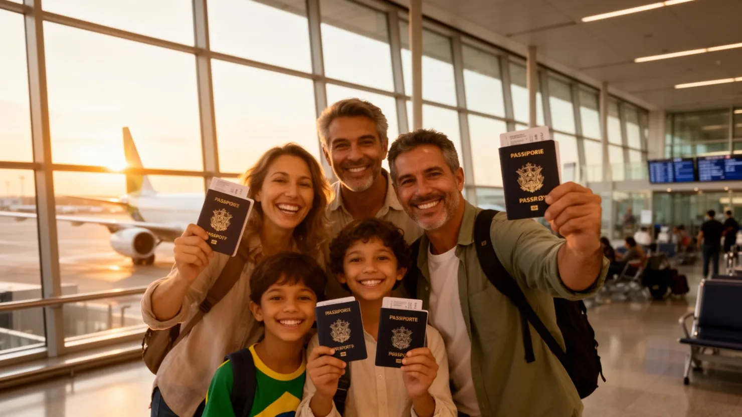 Família brasileira feliz no aeroporto com passaportes e visto americano aprovado